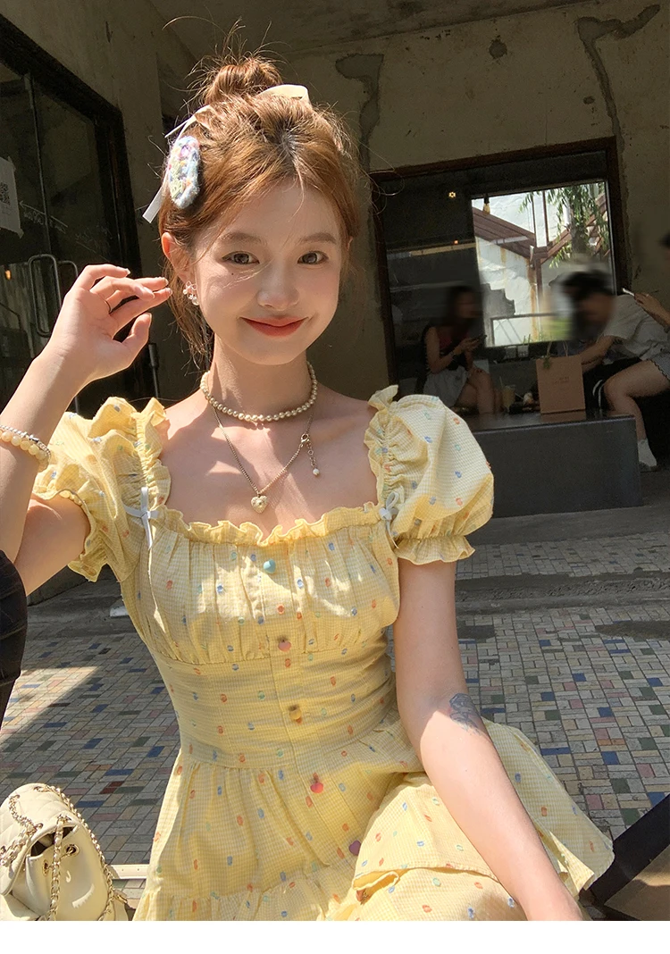 Embroidery Yellow Dress - Vestido de bolinhas feminino com pescoço