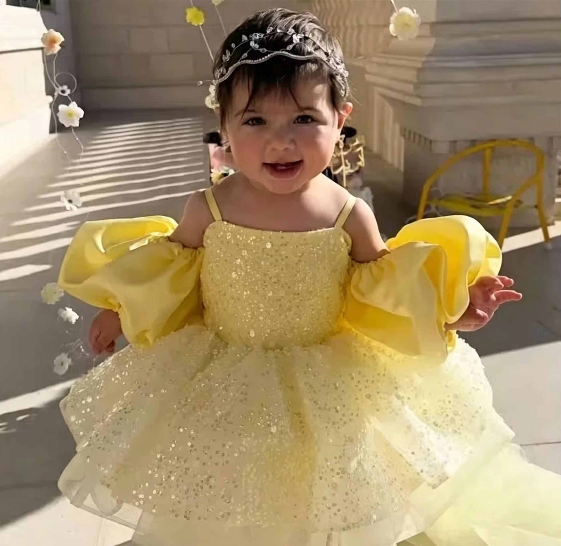 Embroidery Yellow Dress - Vestidos fofos de flor amarela para