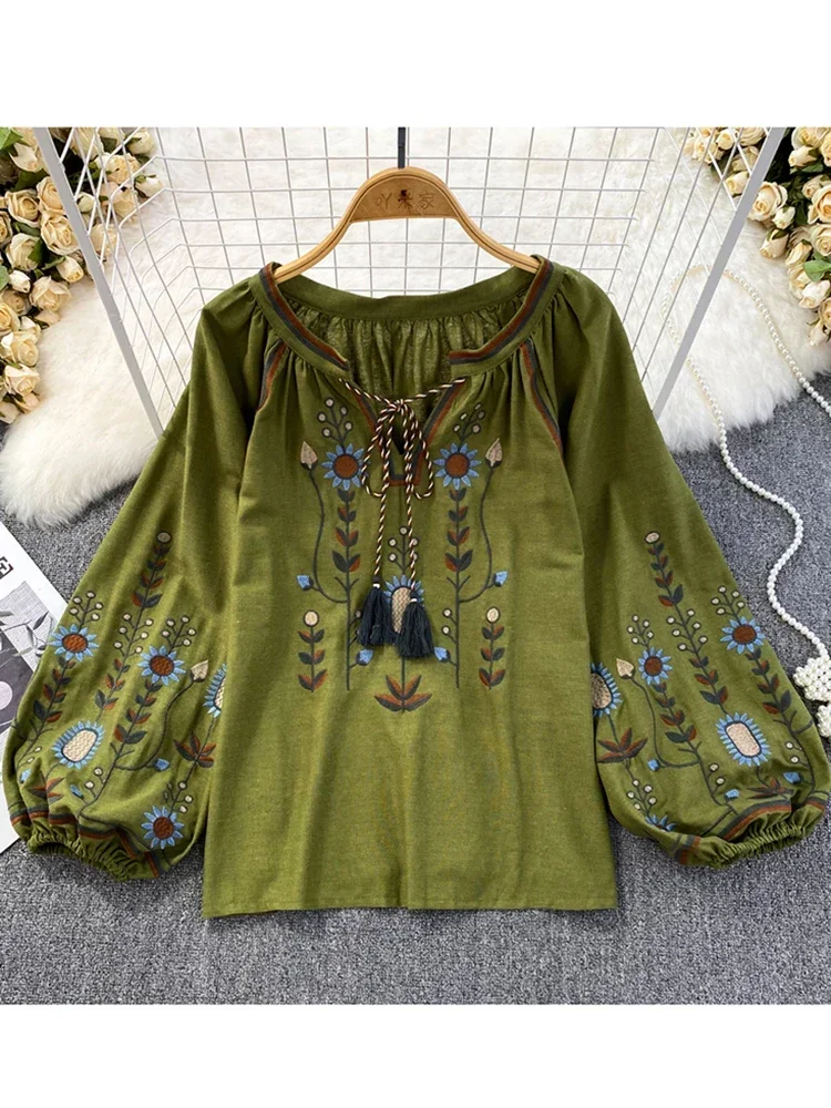 Embroidery On Shirt - Mulheres primavera blusa estilo étnico retro