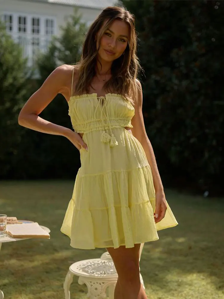 Embroidery Yellow Dress - Mini-vestido sem costas feminino, Vestidos sem