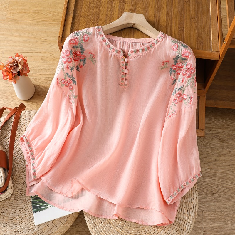 Embroidery On Shirt - Estilo chinês roupas femininas blusas vintage