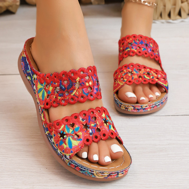 Embroidery Flower - Sandálias Anabela Femininas com Bordado Floral