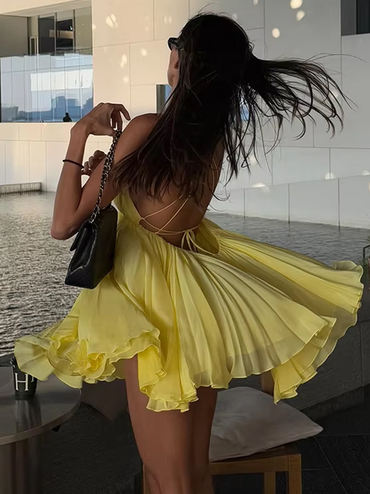 Embroidery Yellow Dress - Estranho gato sem costas retalhos vestido