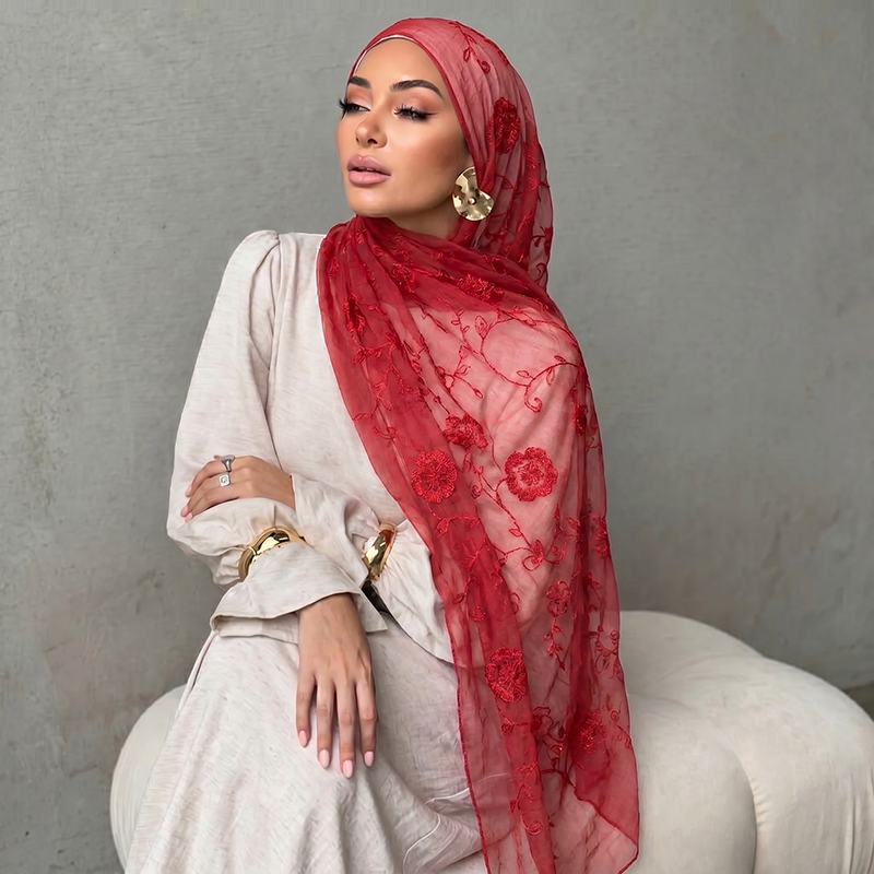 Embroidery Fashion - Lenço Hijab Muçulmano com Bordado Floral,
