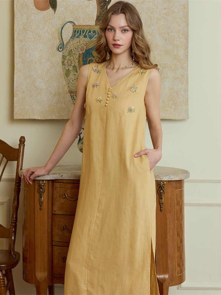 Embroidery Yellow Dress - Vestidos longos de verão para mulheres,