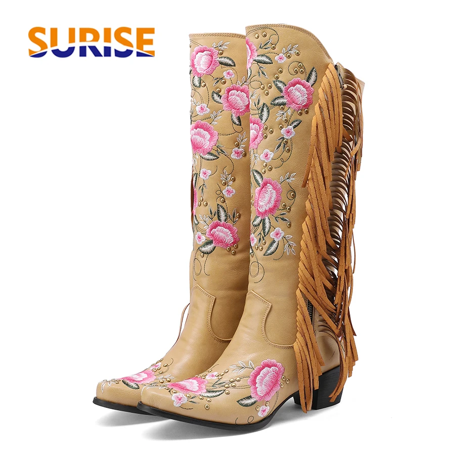 Embroidery Flower - Moda bordado flor ocidental joelho botas