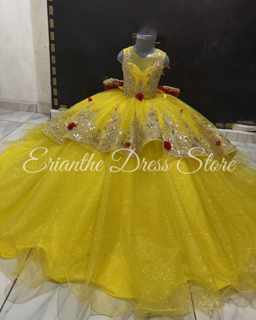 Embroidery Yellow Dress - Vestido floral amarelo para casamento, tule