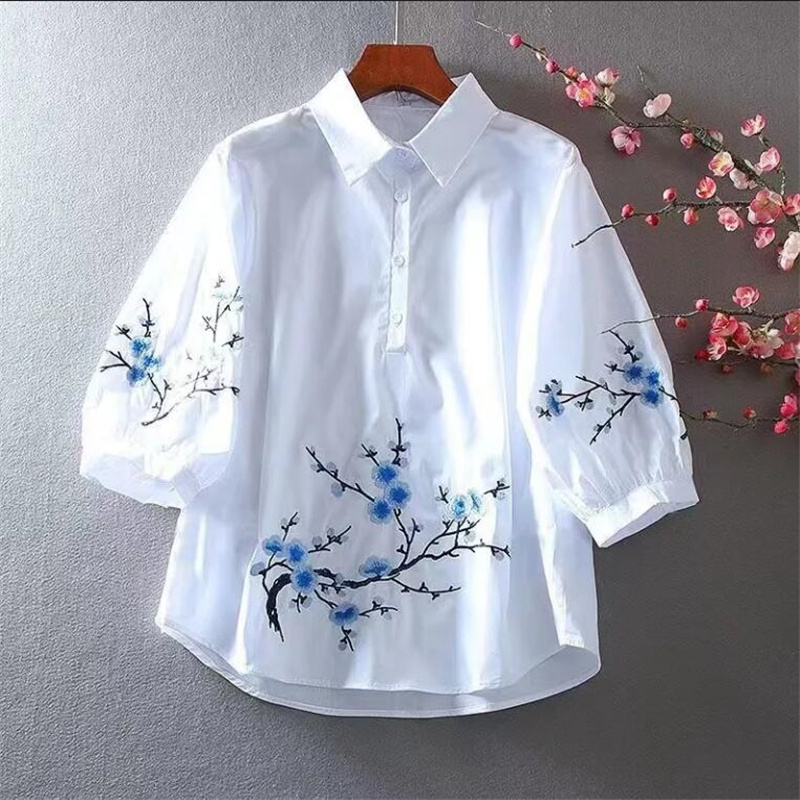 Embroidery On Shirt - Blusa bordada branca feminina, top de