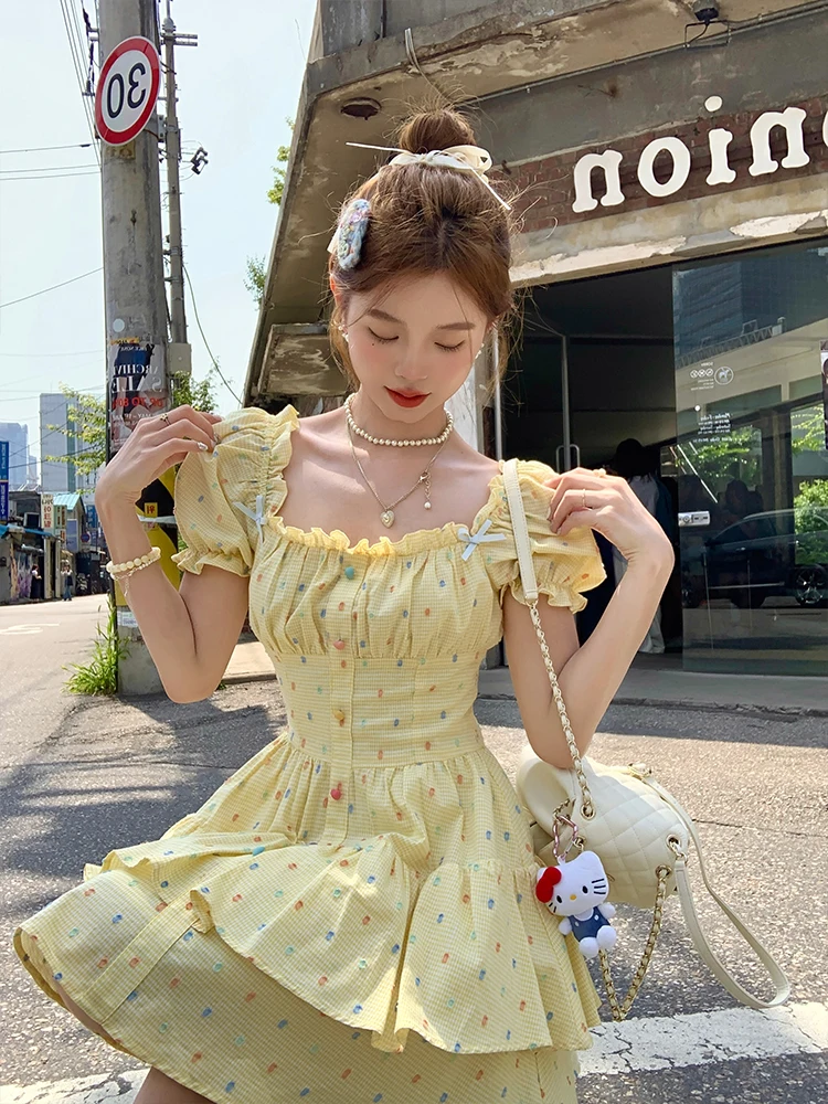 Vestido de bolinhas feminino c - Embroidery Yellow Dress avaliação e preço