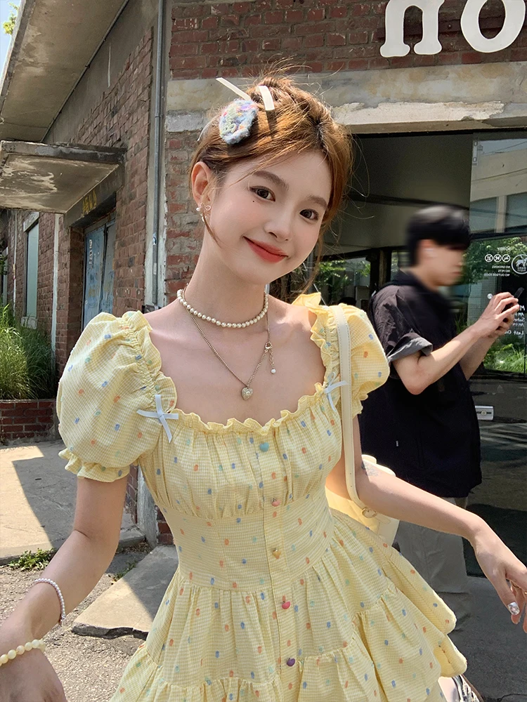 Vestido de bolinhas feminino c - Embroidery Yellow Dress avaliação e preço