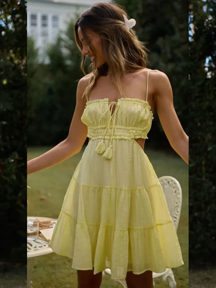Mini-vestido sem costas femini - Embroidery Yellow Dress avaliação e preço