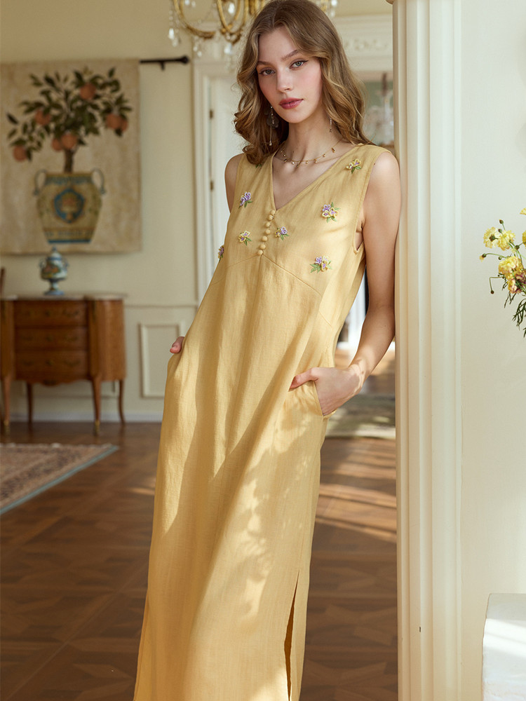 Vestidos longos de verão para  - Embroidery Yellow Dress avaliação e preço