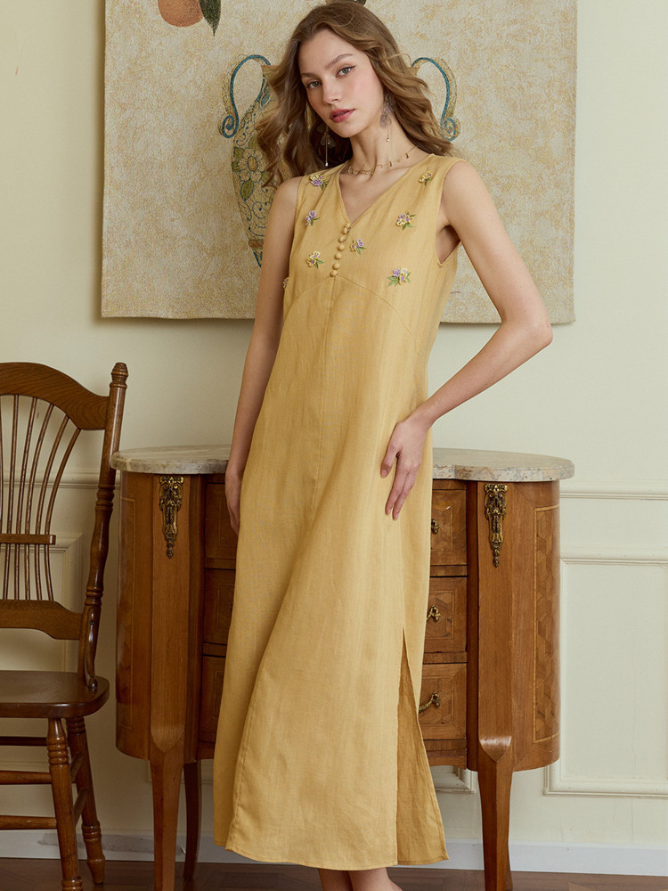 Vestidos longos de verão para  - Embroidery Yellow Dress avaliação e preço