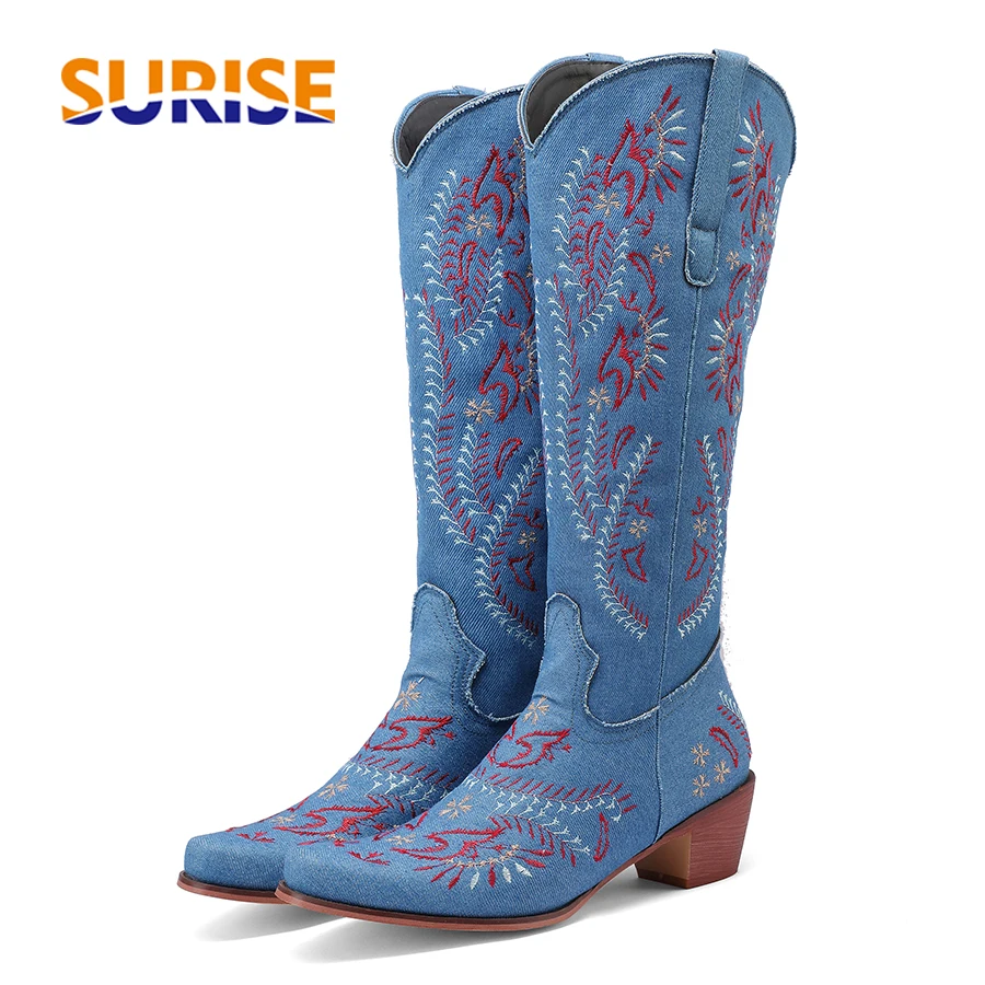 Azul denim ocidental cowgirl j - Embroidery Flower avaliação e preço