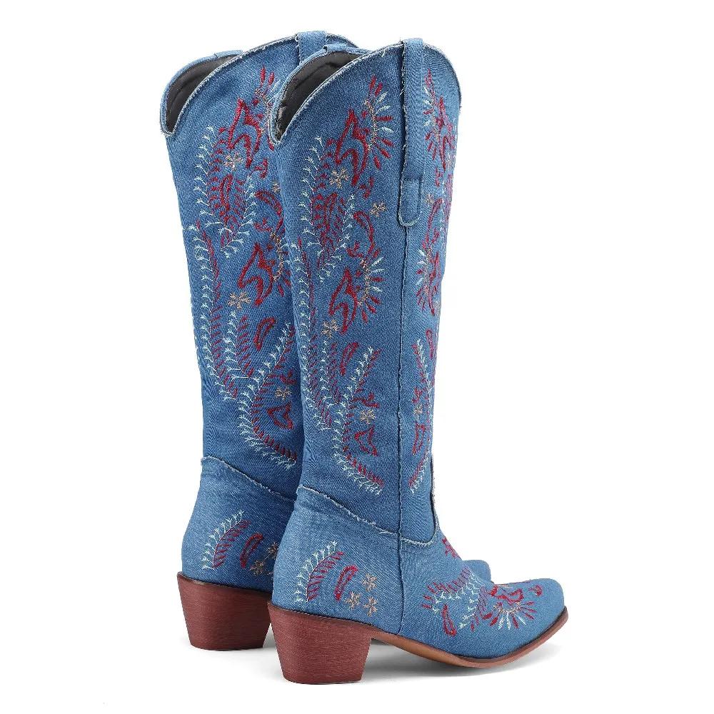 Azul denim ocidental cowgirl j - Embroidery Flower avaliação e preço