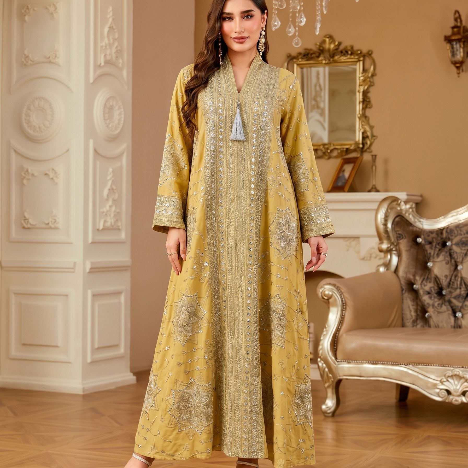 Vestido Feminino Elegante Kl25 - Embroidery Yellow Dress avaliação e preço